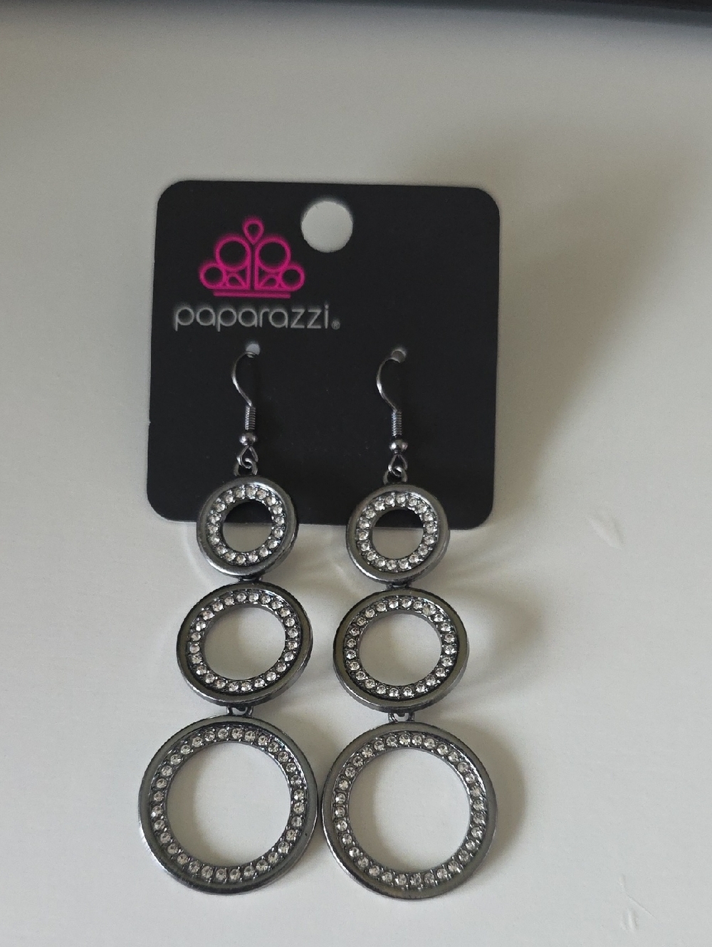 Paparazzi Gunmetal Triple Circle Drop Earrings with Clear Crystals